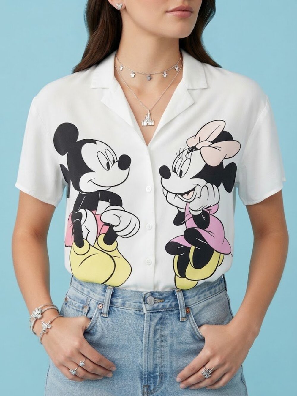 Disney White Button-Down Shirt with Mickey & Minnie Graphic